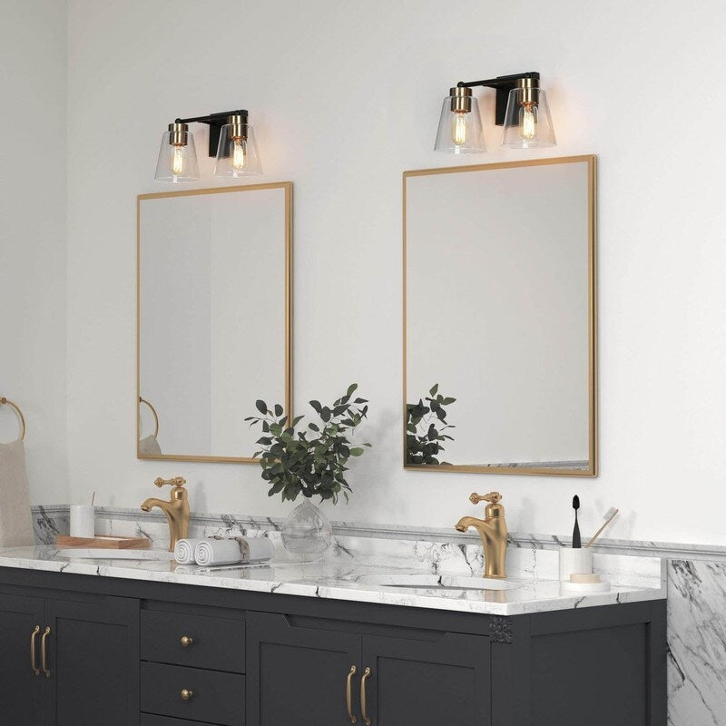 Modern 2-Light Black Gold Bathroom Vanity Light Clear Cone Glass Wall Sconces