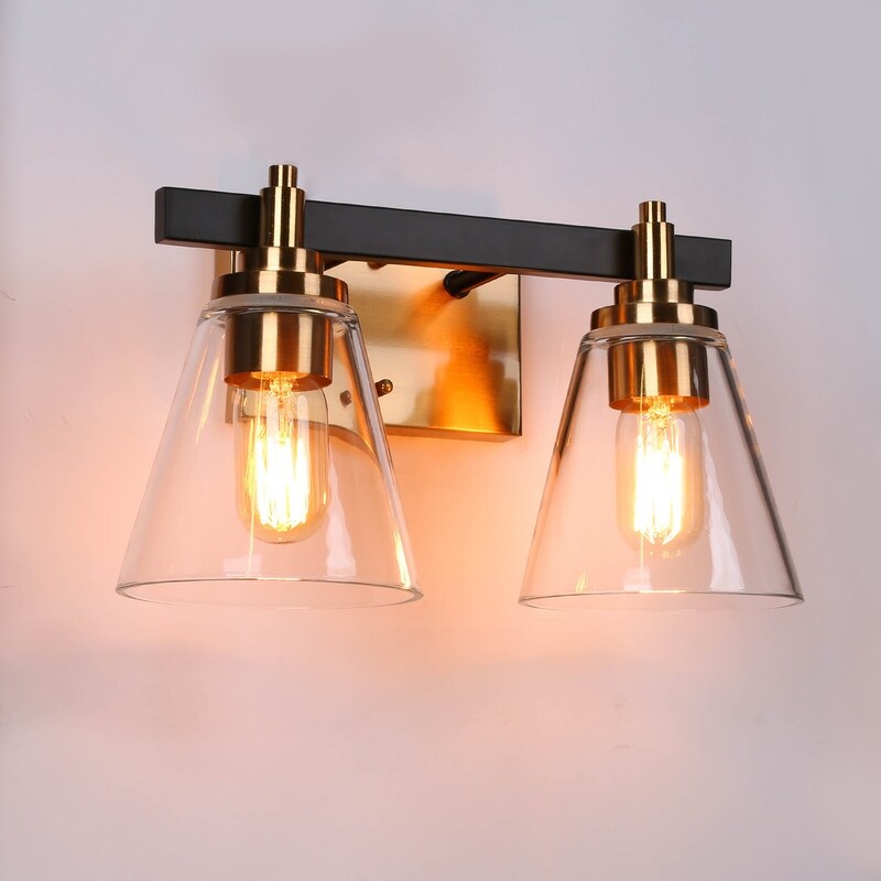 Modern 2-Light Black Gold Bathroom Vanity Light Clear Cone Glass Wall Sconces