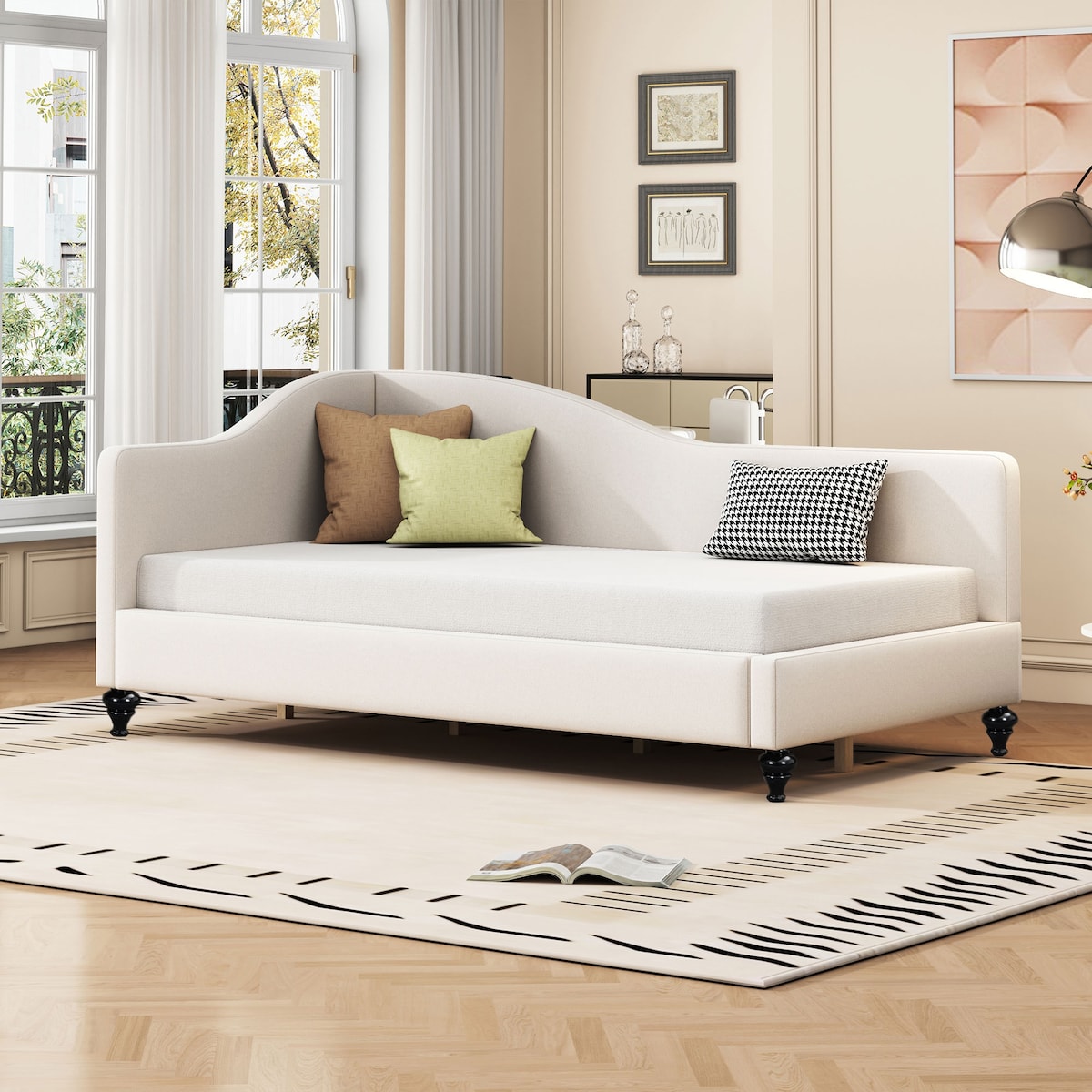 Modern Twin Size L-Shaped Linen Daybed with Solid Wood Legs,Multi-scene Use