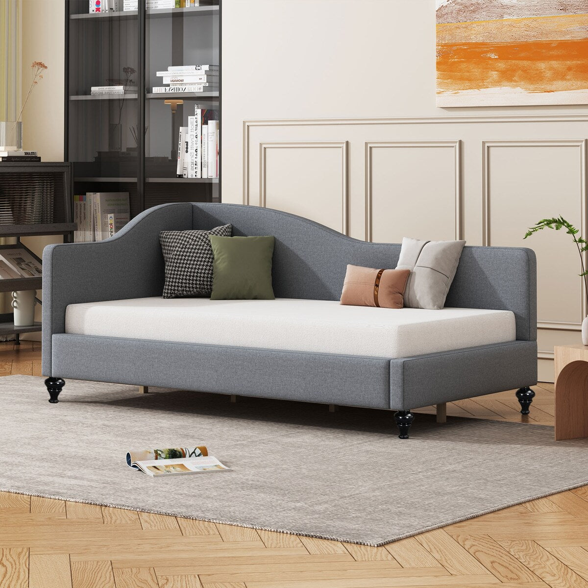 Modern Twin Size L-Shaped Linen Daybed with Solid Wood Legs,Multi-scene Use