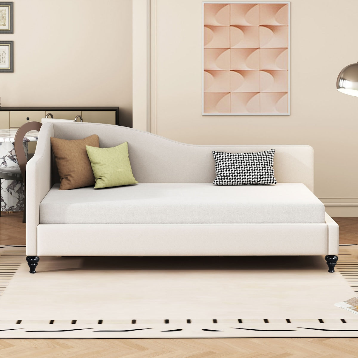 Modern Twin Size L-Shaped Linen Daybed with Solid Wood Legs,Multi-scene Use