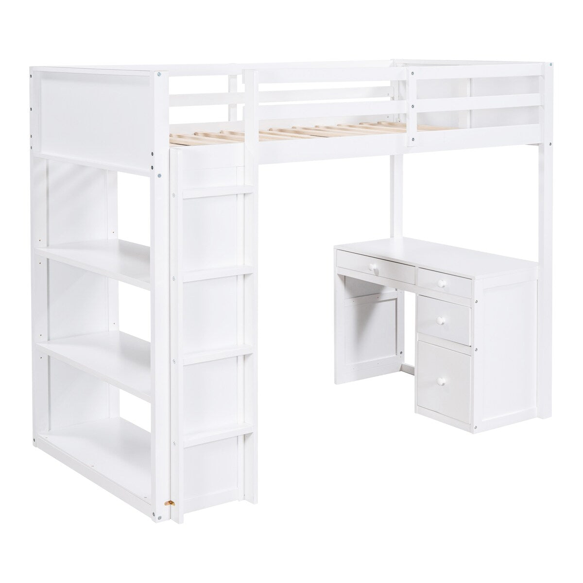 Modern Twin Size Loft Bed With Ladder,Shelves and Desk,Sturdy Construction for Bedroom