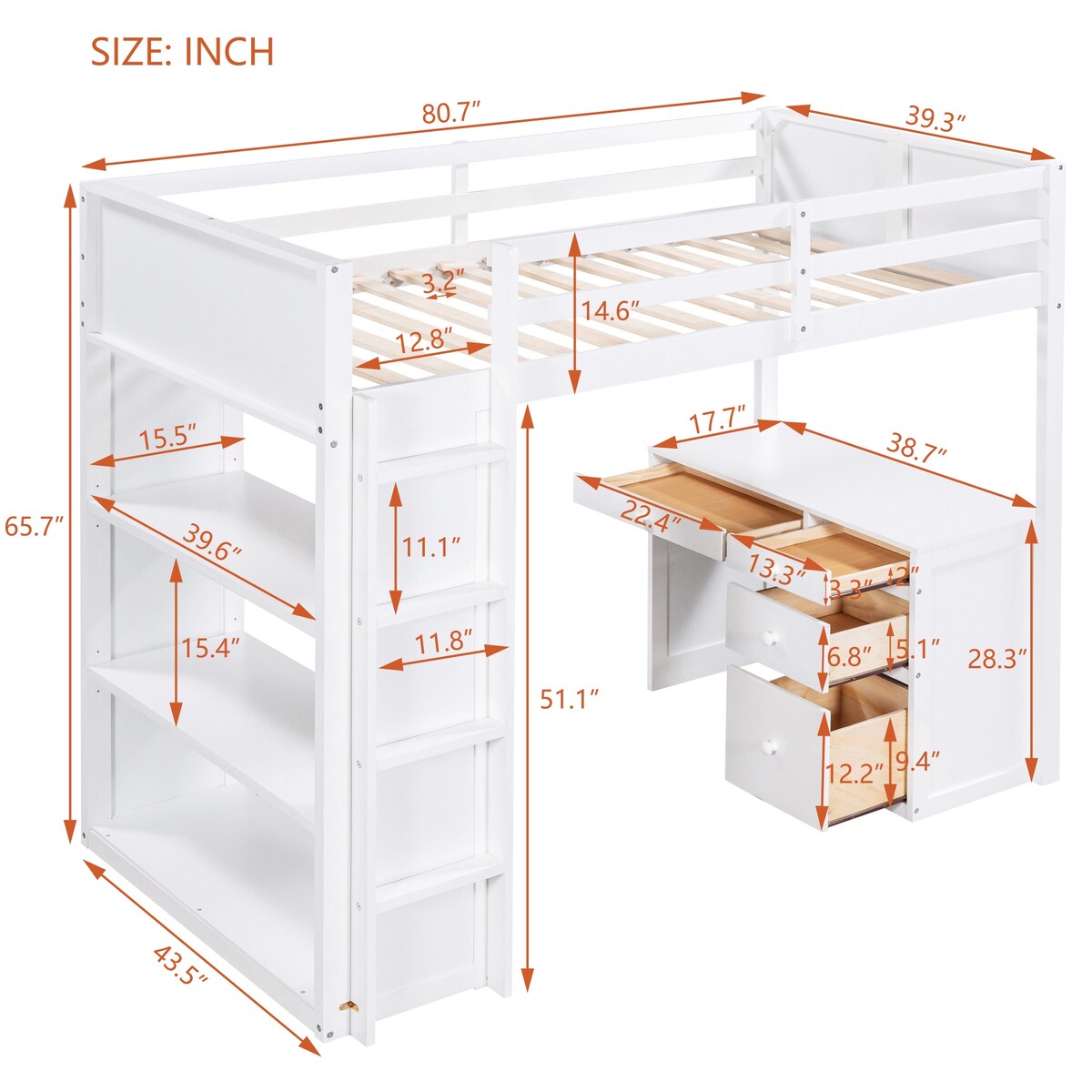 Modern Twin Size Loft Bed With Ladder,Shelves and Desk,Sturdy Construction for Bedroom
