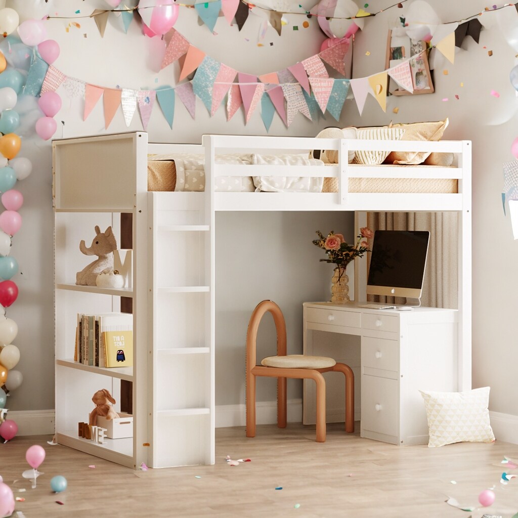Modern Twin Size Loft Bed With Ladder,Shelves and Desk,Sturdy Construction for Bedroom