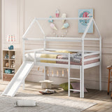 Modern Twin Size Wooden Loft Bed, House Bed with Full Length Guardrail, Built-in Ladder and Slide