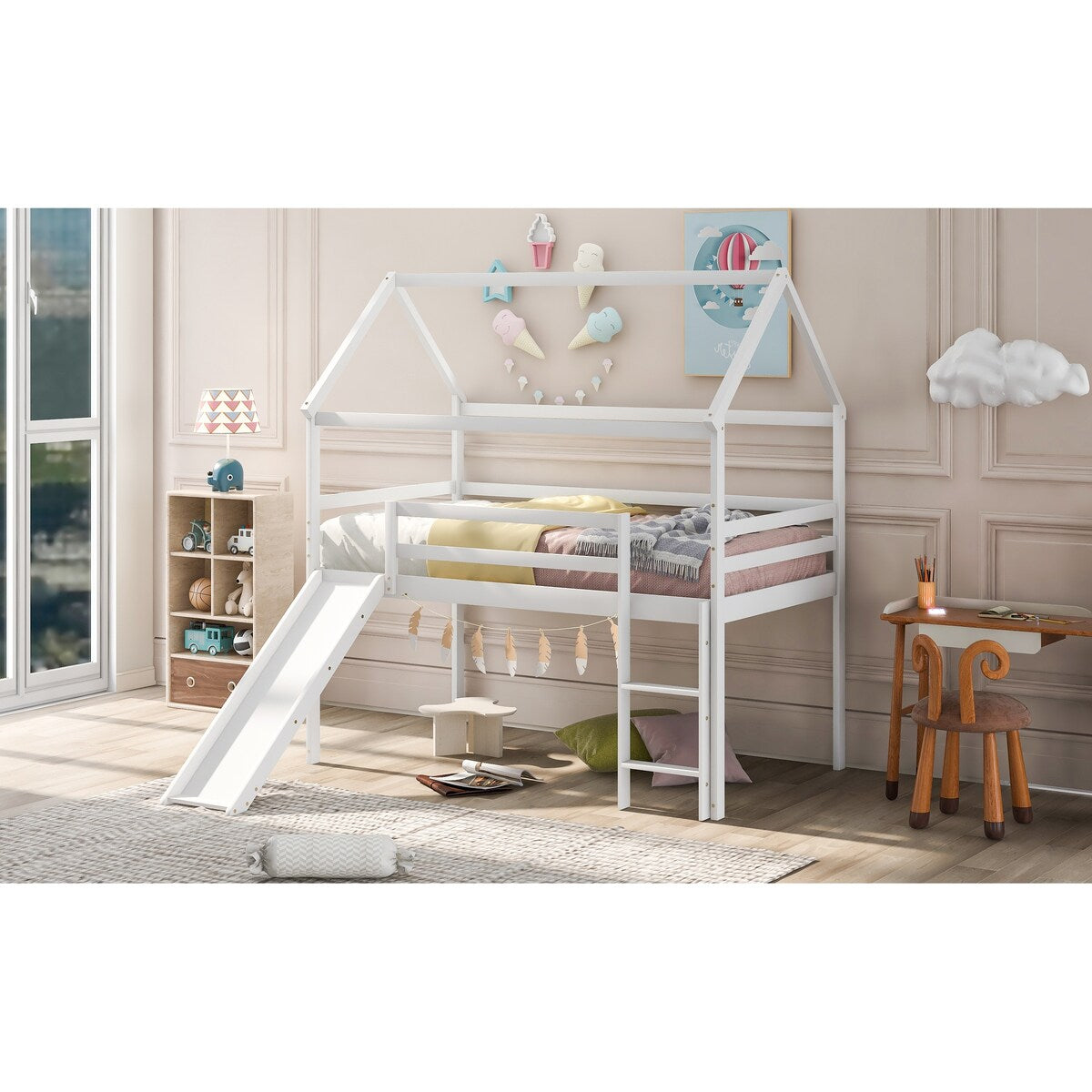 Modern Twin Size Wooden Loft Bed, House Bed with Full Length Guardrail, Built-in Ladder and Slide