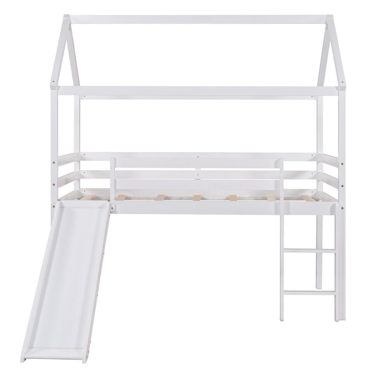 Modern Twin Size Wooden Loft Bed, House Bed with Full Length Guardrail, Built-in Ladder and Slide