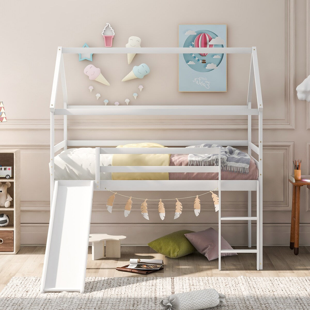Modern Twin Size Wooden Loft Bed, House Bed with Full Length Guardrail, Built-in Ladder and Slide