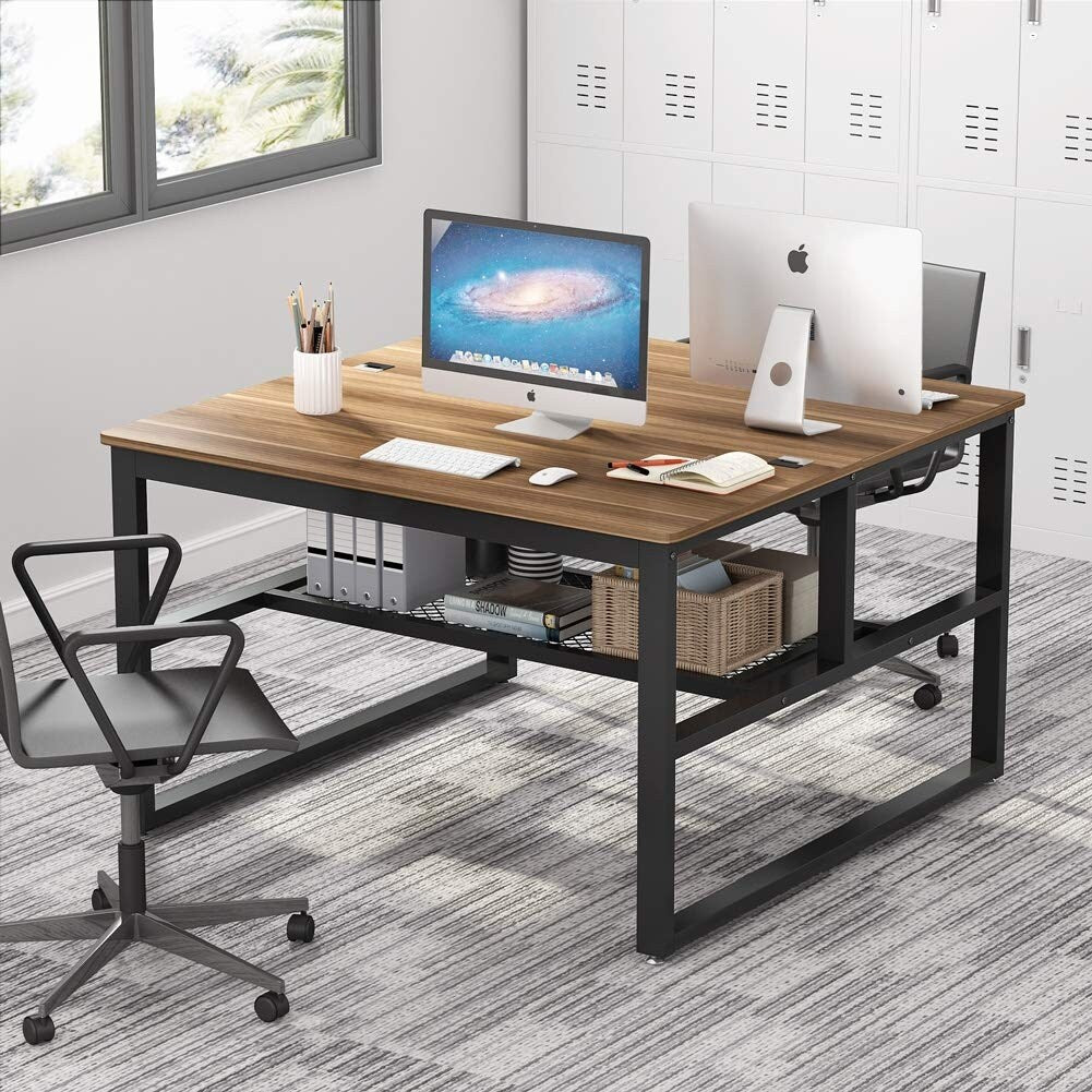Modern Two Person Computer Desk, 47 x 47 inch Large Office Desk with Storage Shelves