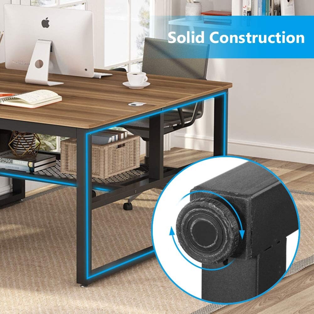Modern Two Person Computer Desk, 47 x 47 inch Large Office Desk with Storage Shelves