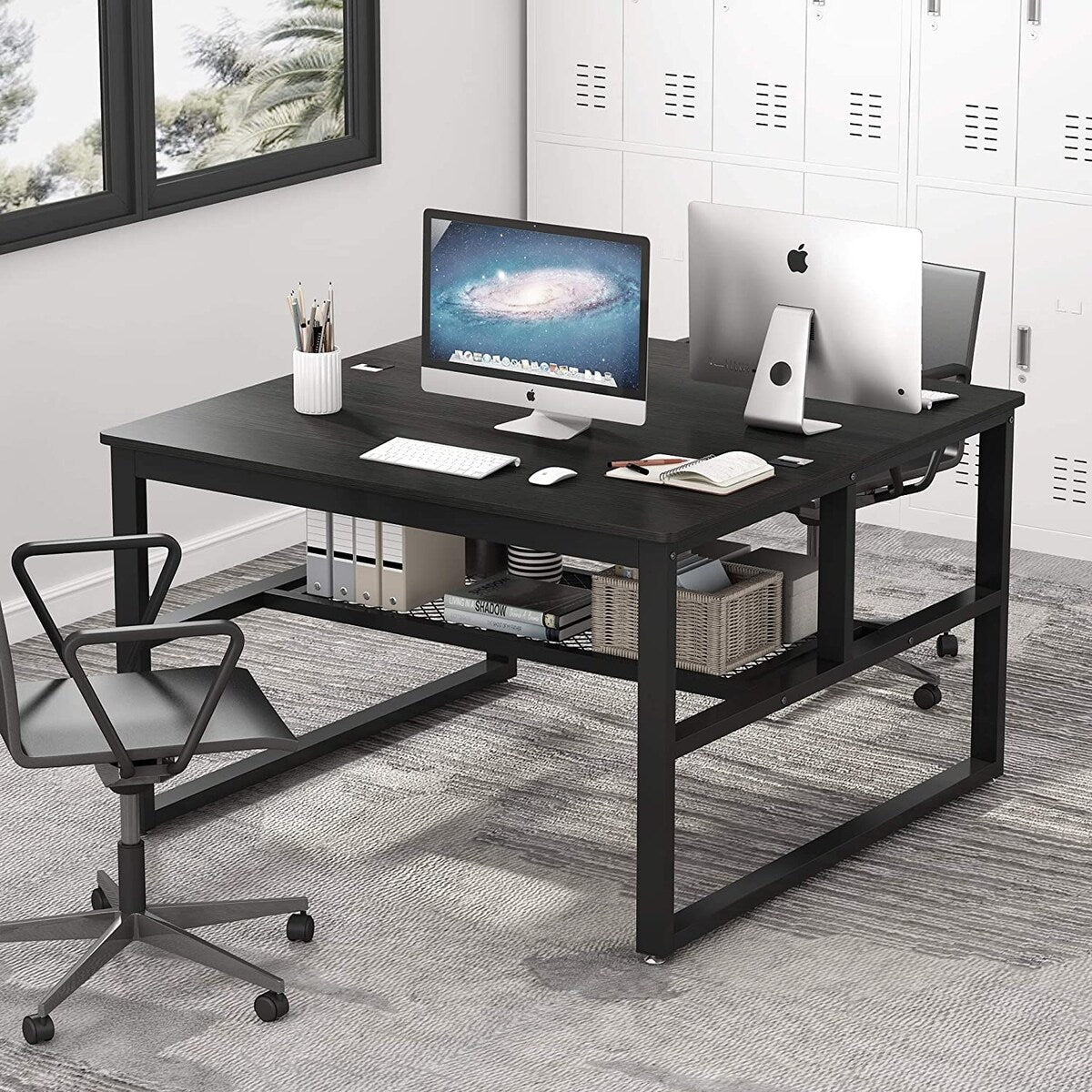 Modern Two Person Computer Desk, 47 x 47 inch Large Office Desk with Storage Shelves