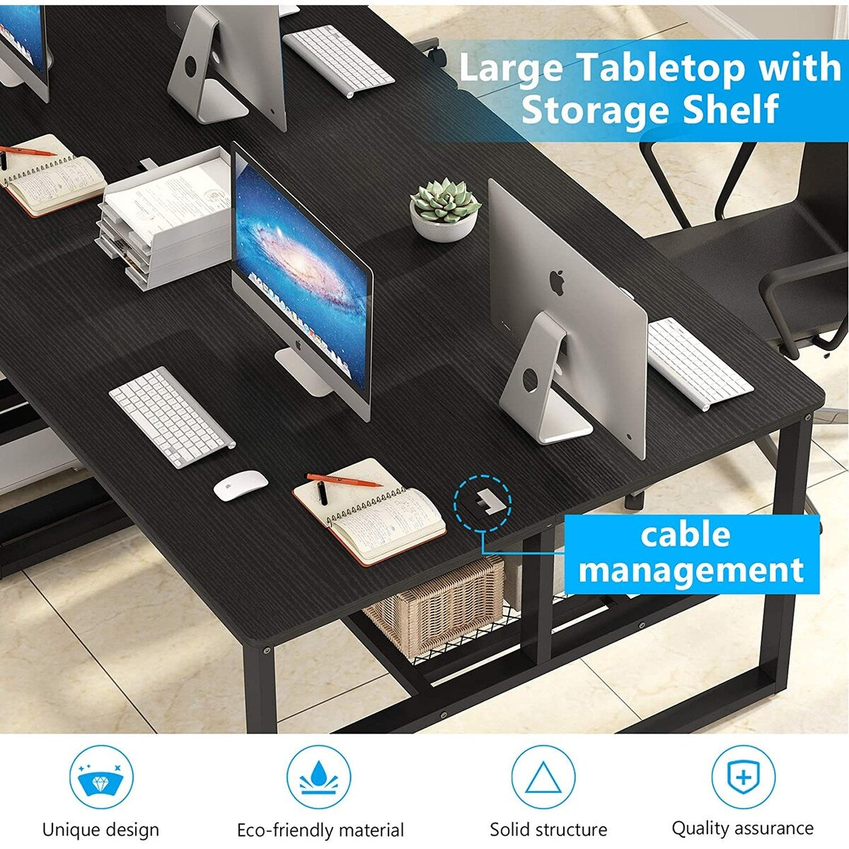 Modern Two Person Computer Desk, 47 x 47 inch Large Office Desk with Storage Shelves