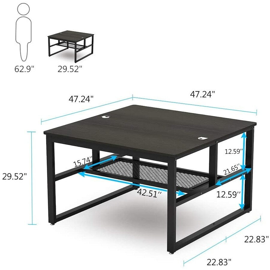 Modern Two Person Computer Desk, 47 x 47 inch Large Office Desk with Storage Shelves