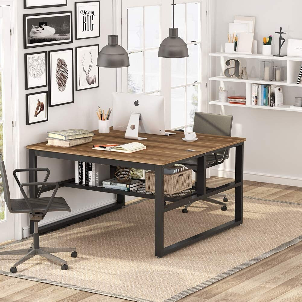 Modern Two Person Computer Desk, 47 x 47 inch Large Office Desk with Storage Shelves