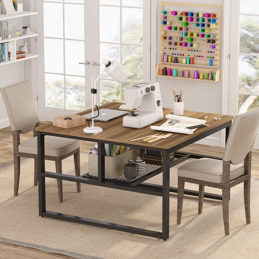 Modern Two Person Computer Desk, 47 x 47 inch Large Office Desk with Storage Shelves
