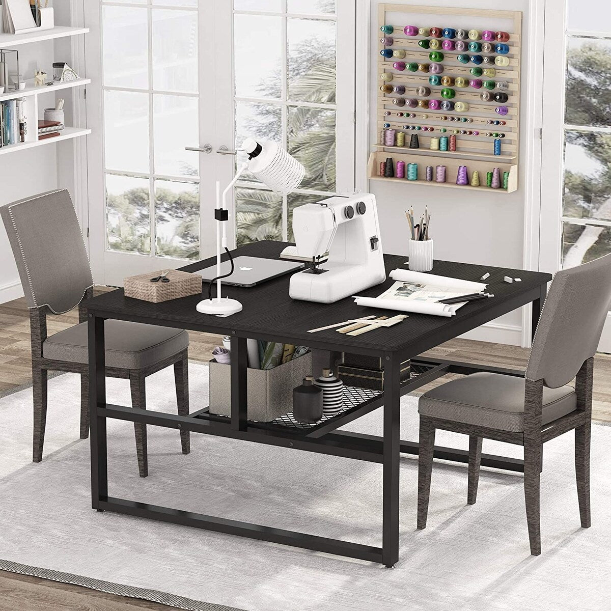 Modern Two Person Computer Desk, 47 x 47 inch Large Office Desk with Storage Shelves