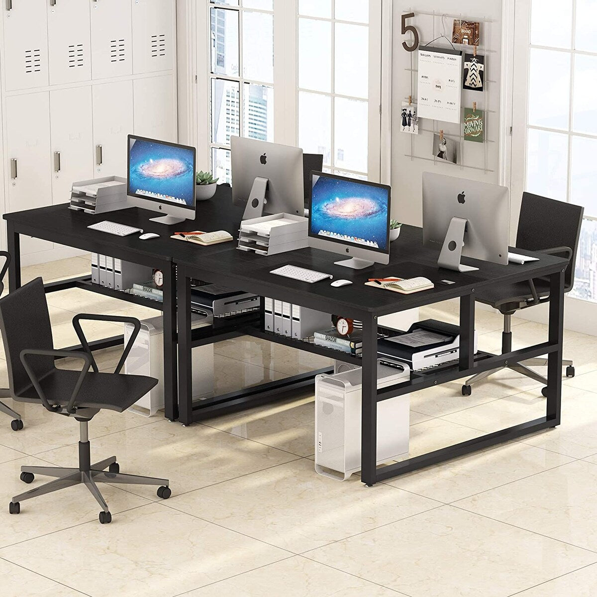 Modern Two Person Computer Desk, 47 x 47 inch Large Office Desk with Storage Shelves