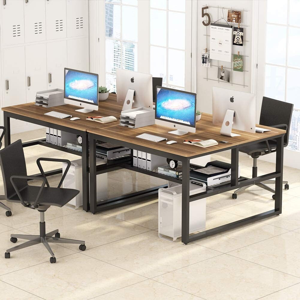 Modern Two Person Computer Desk, 47 x 47 inch Large Office Desk with Storage Shelves