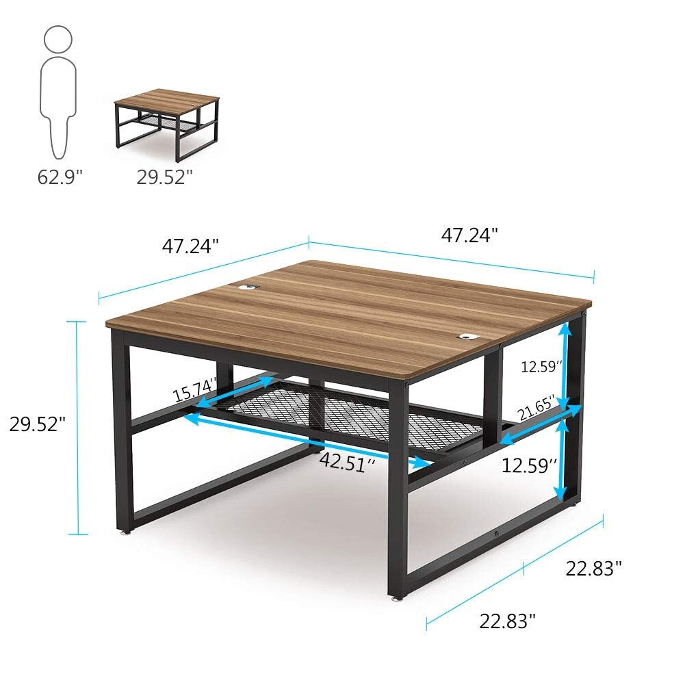 Modern Two Person Computer Desk, 47 x 47 inch Large Office Desk with Storage Shelves