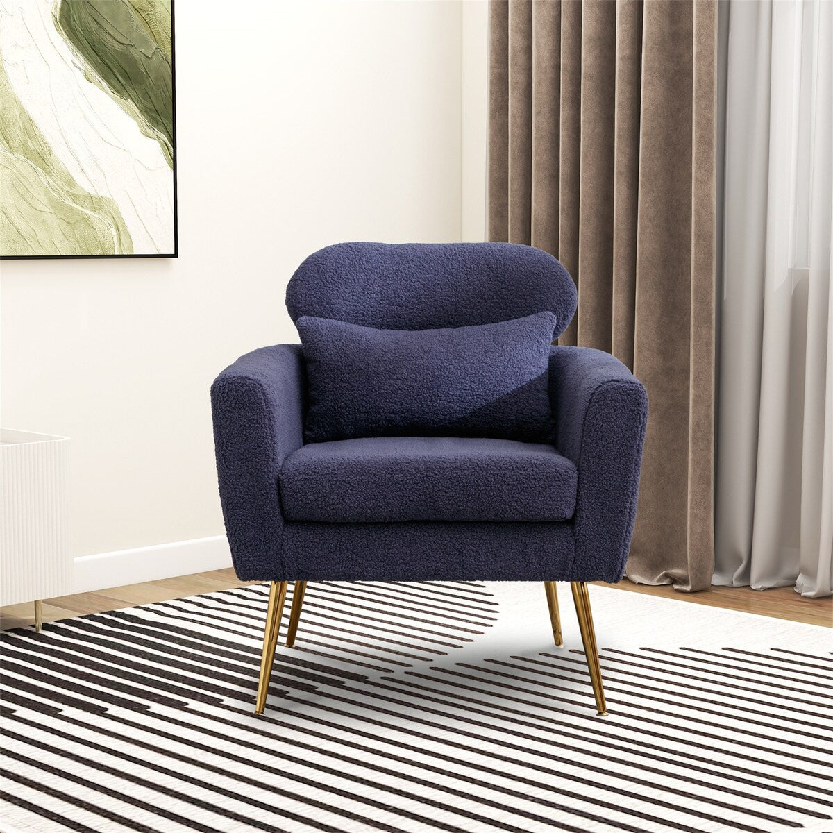 Modern Upholstered Accent Chair with Gold Metal Leg and Throw Pillow