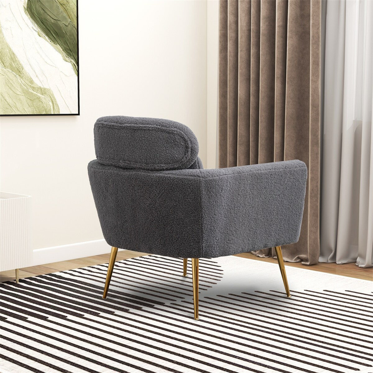 Modern Upholstered Accent Chair with Gold Metal Leg and Throw Pillow