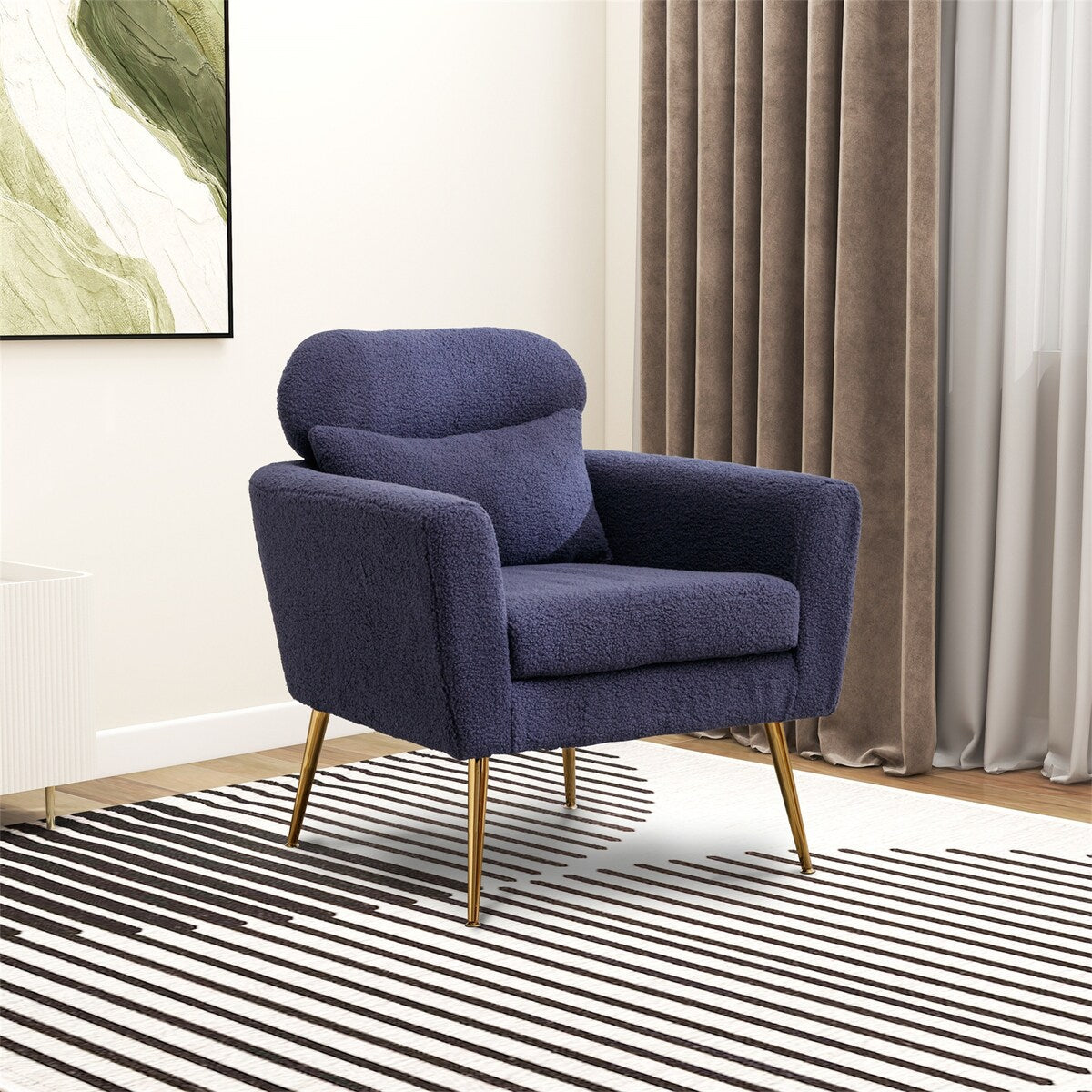 Modern Upholstered Accent Chair with Gold Metal Leg and Throw Pillow
