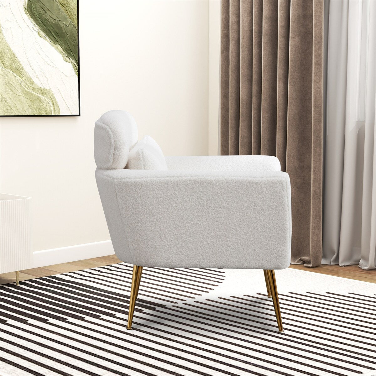 Modern Upholstered Accent Chair with Gold Metal Leg and Throw Pillow