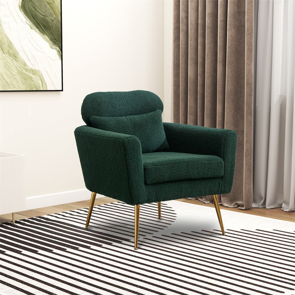 Modern Upholstered Accent Chair with Gold Metal Leg and Throw Pillow