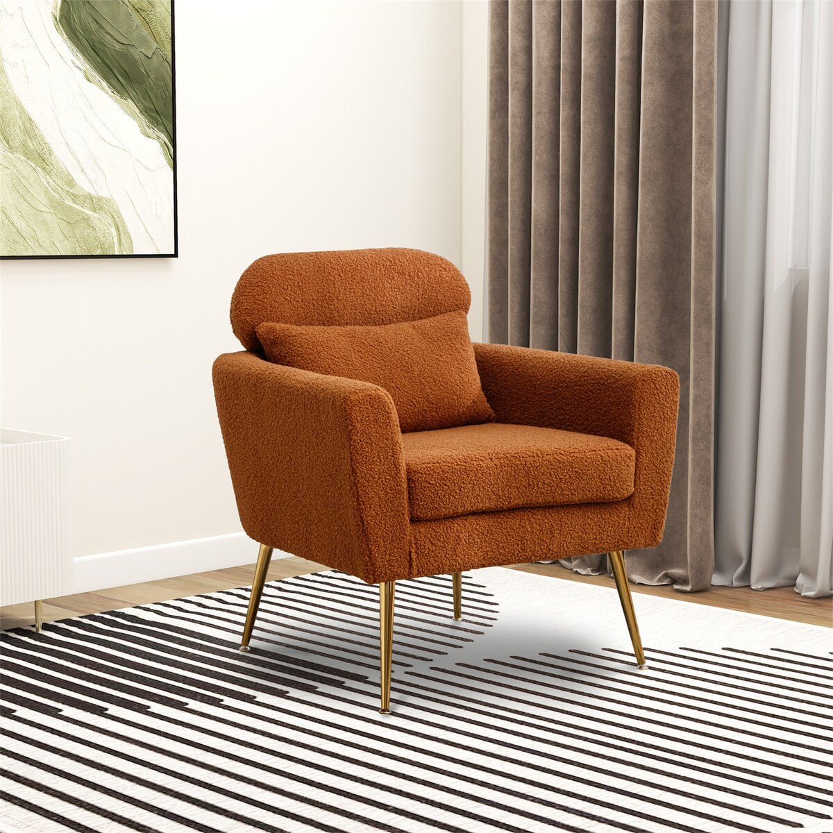 Modern Upholstered Accent Chair with Gold Metal Leg and Throw Pillow