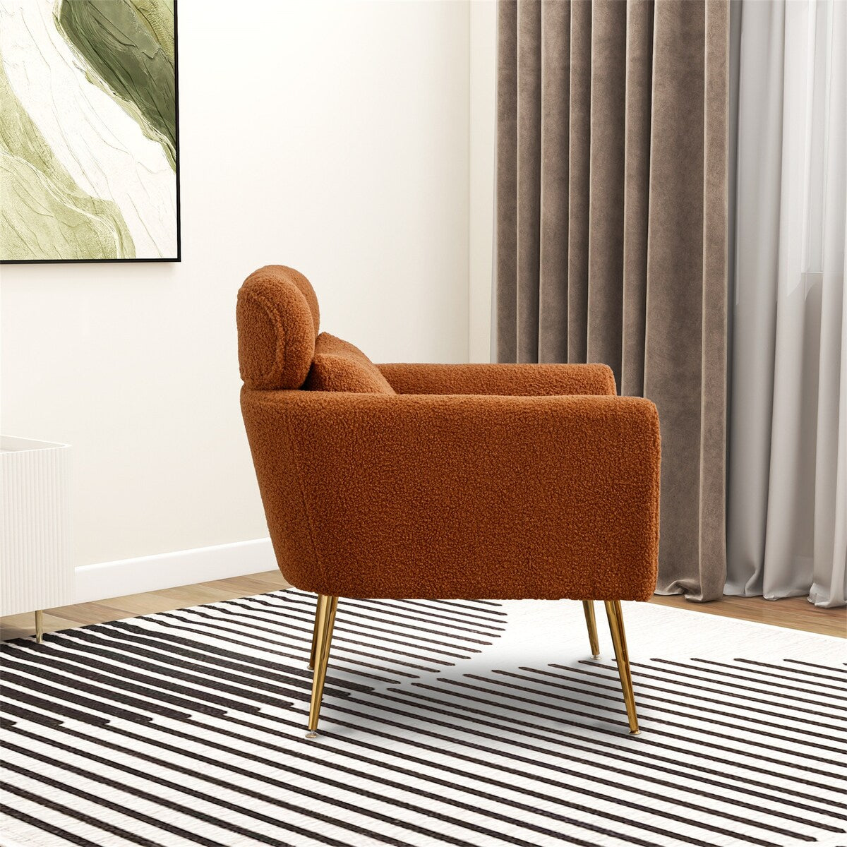 Modern Upholstered Accent Chair with Gold Metal Leg and Throw Pillow
