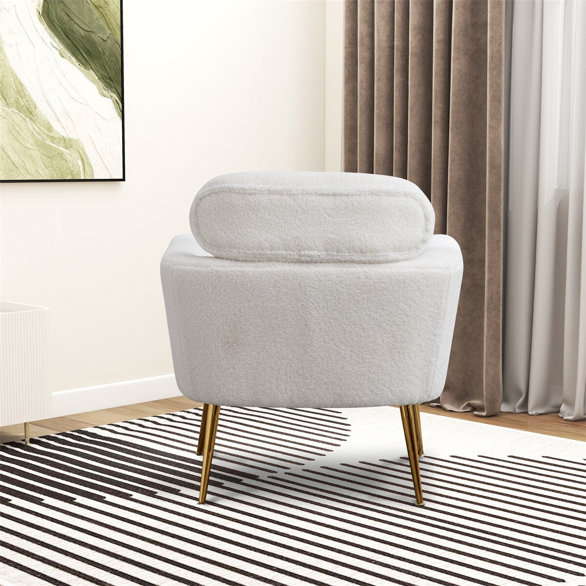 Modern Upholstered Accent Chair with Gold Metal Leg and Throw Pillow