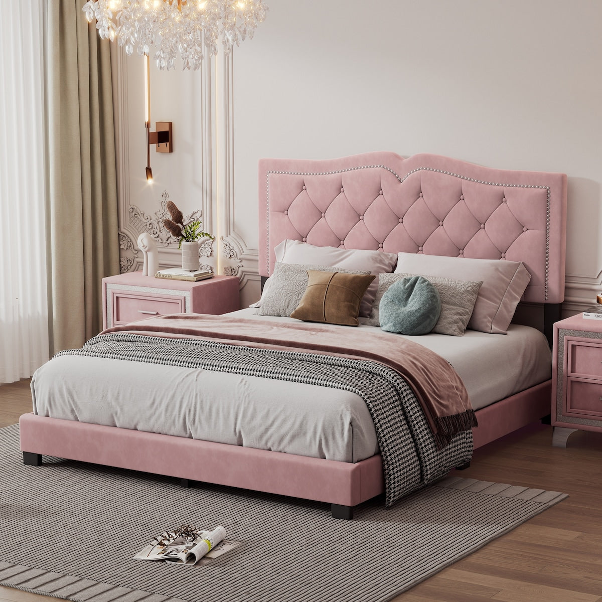 Modern Upholstered Bed Frame with Rivet Design and Tufted Headboard