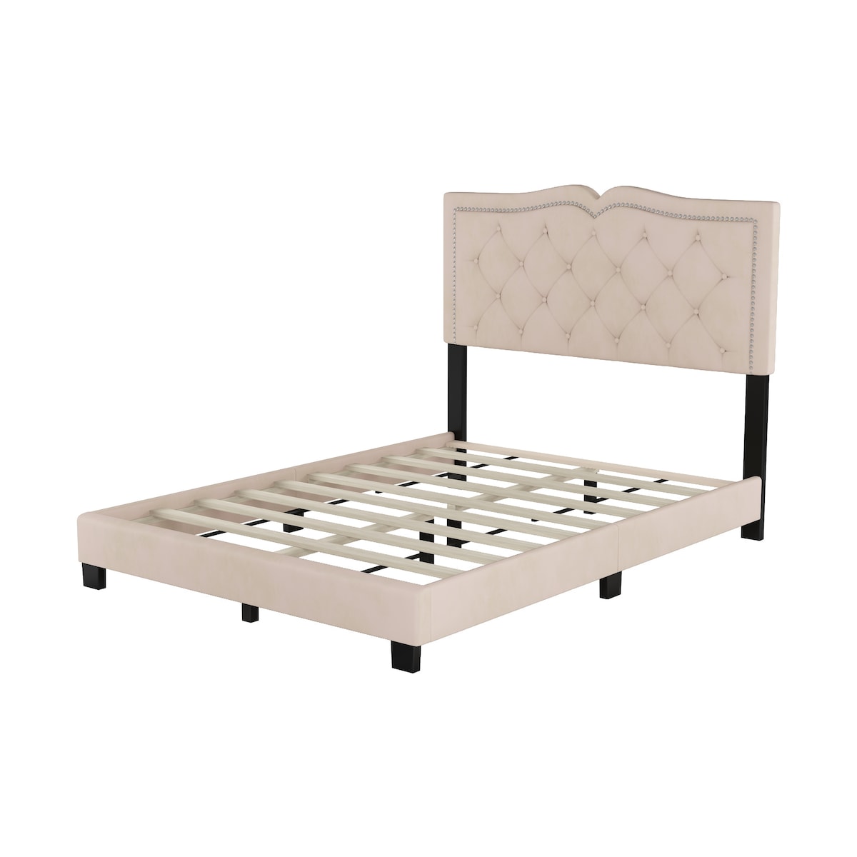 Modern Upholstered Bed Frame with Rivet Design and Tufted Headboard