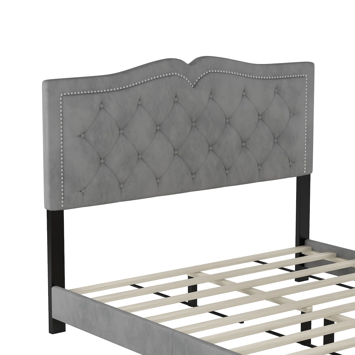 Modern Upholstered Bed Frame with Rivet Design and Tufted Headboard