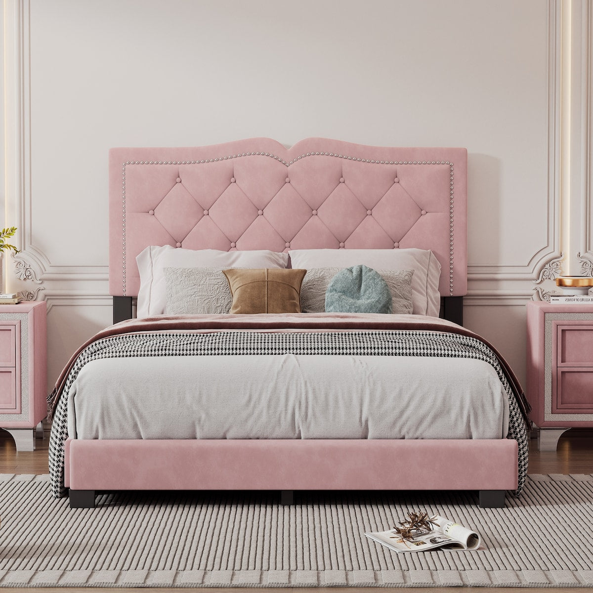 Modern Upholstered Bed Frame with Rivet Design and Tufted Headboard