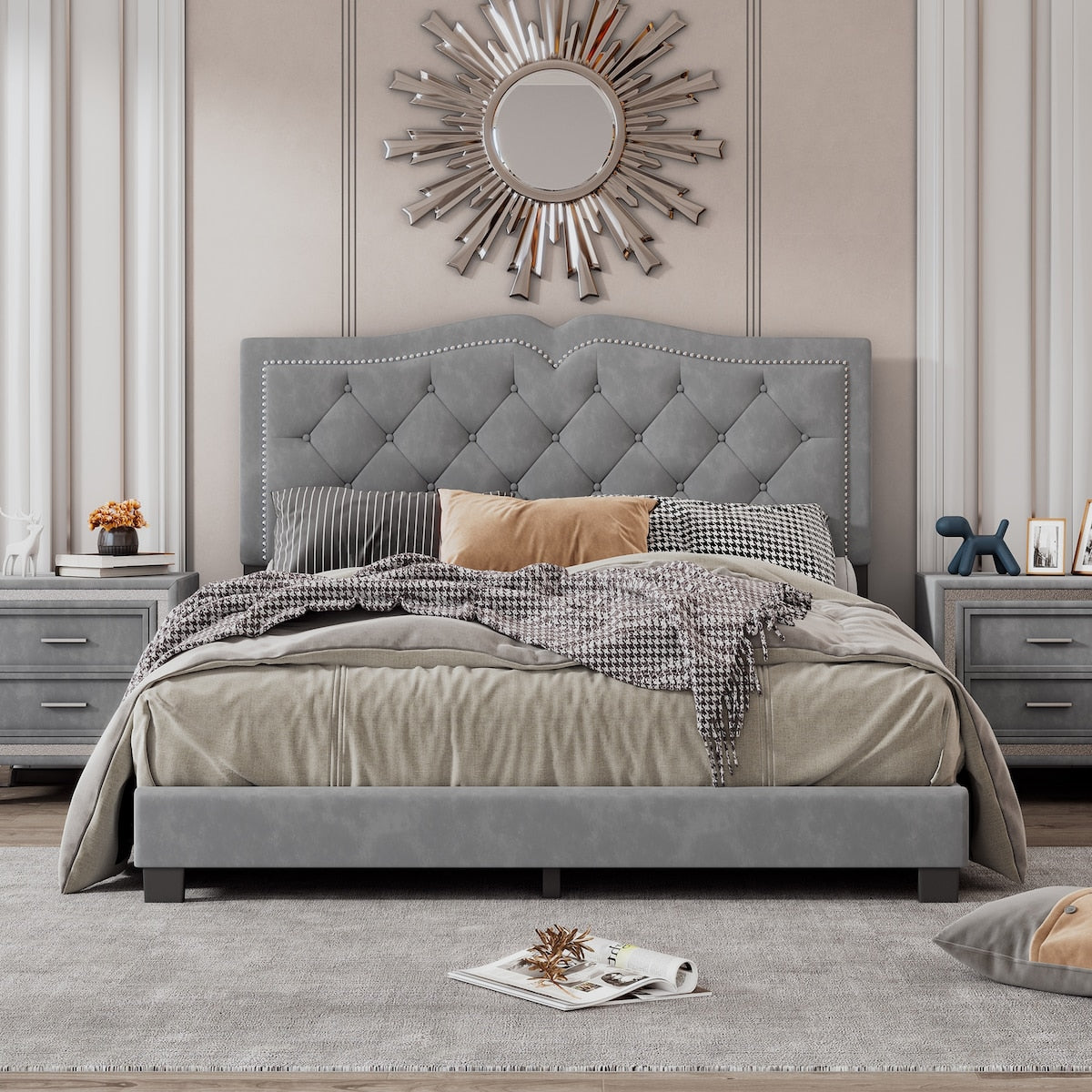 Modern Upholstered Bed Frame with Rivet Design and Tufted Headboard