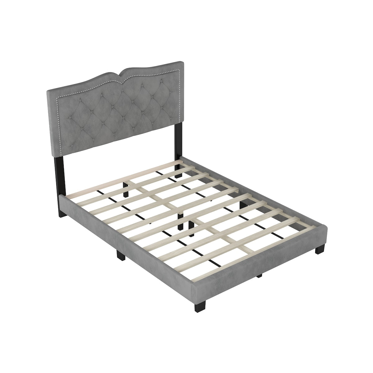 Modern Upholstered Bed Frame with Rivet Design and Tufted Headboard