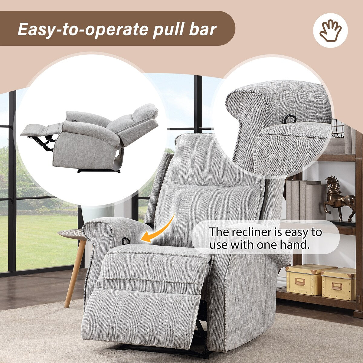 Modern Upholstered Lounge Single Sofa Oversize Recliner Chair with Soft Durable Fabric and Tall Neck Support, for Living Room