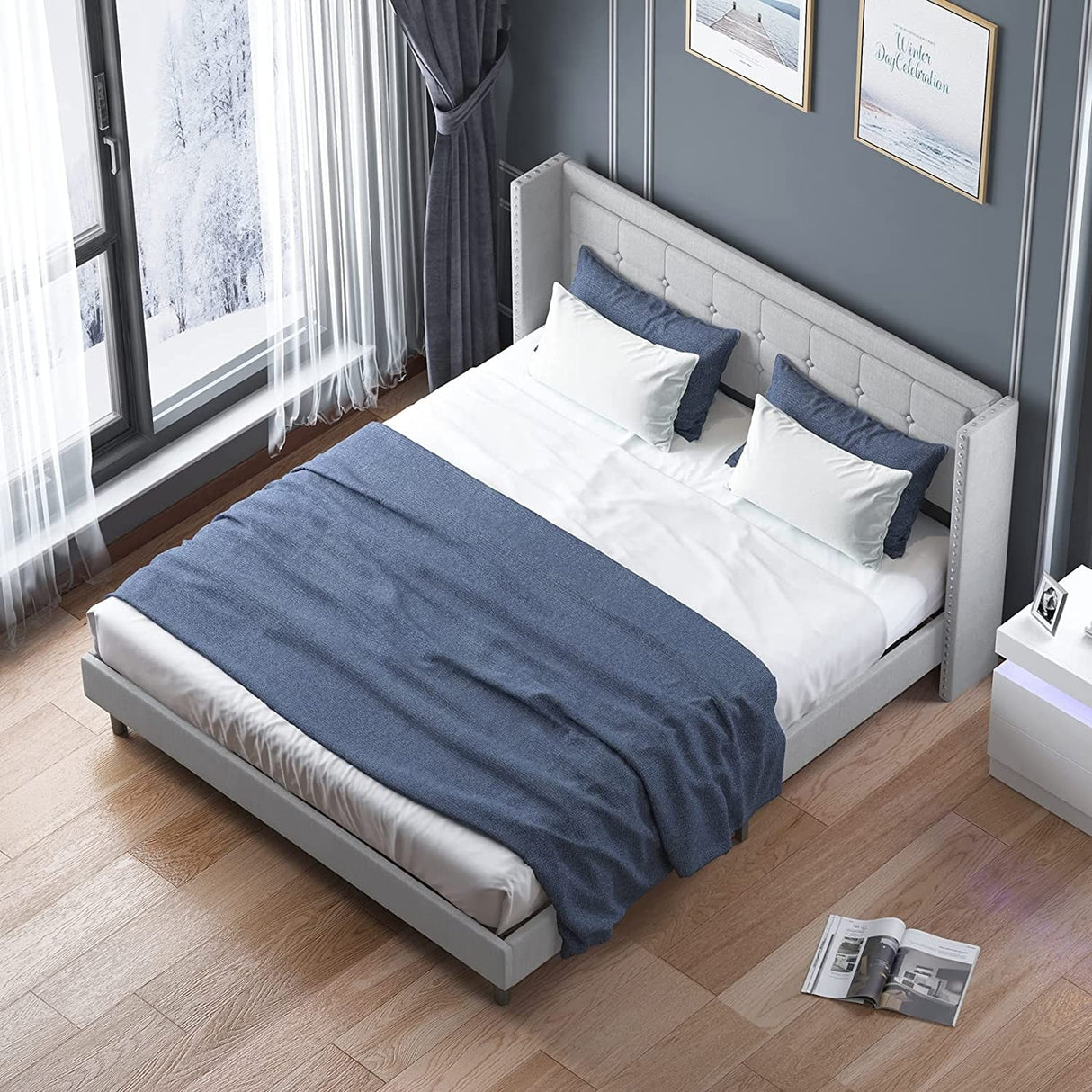 Mixoy Thin Velvet Bed Frame with Button Tufted Design Headboard