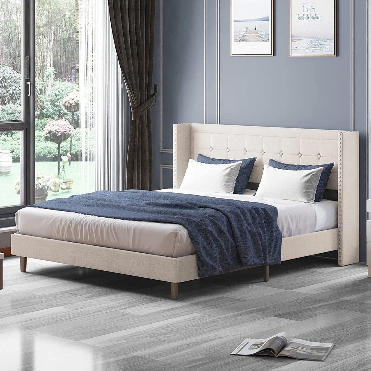 Mixoy Thin Velvet Bed Frame with Button Tufted Design Headboard