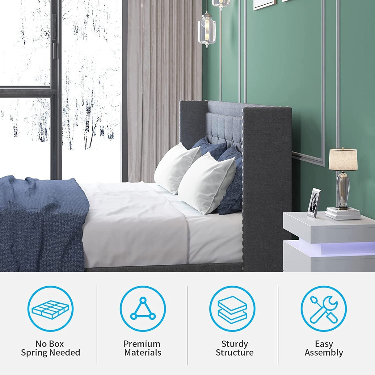 Mixoy Thin Velvet Bed Frame with Button Tufted Design Headboard