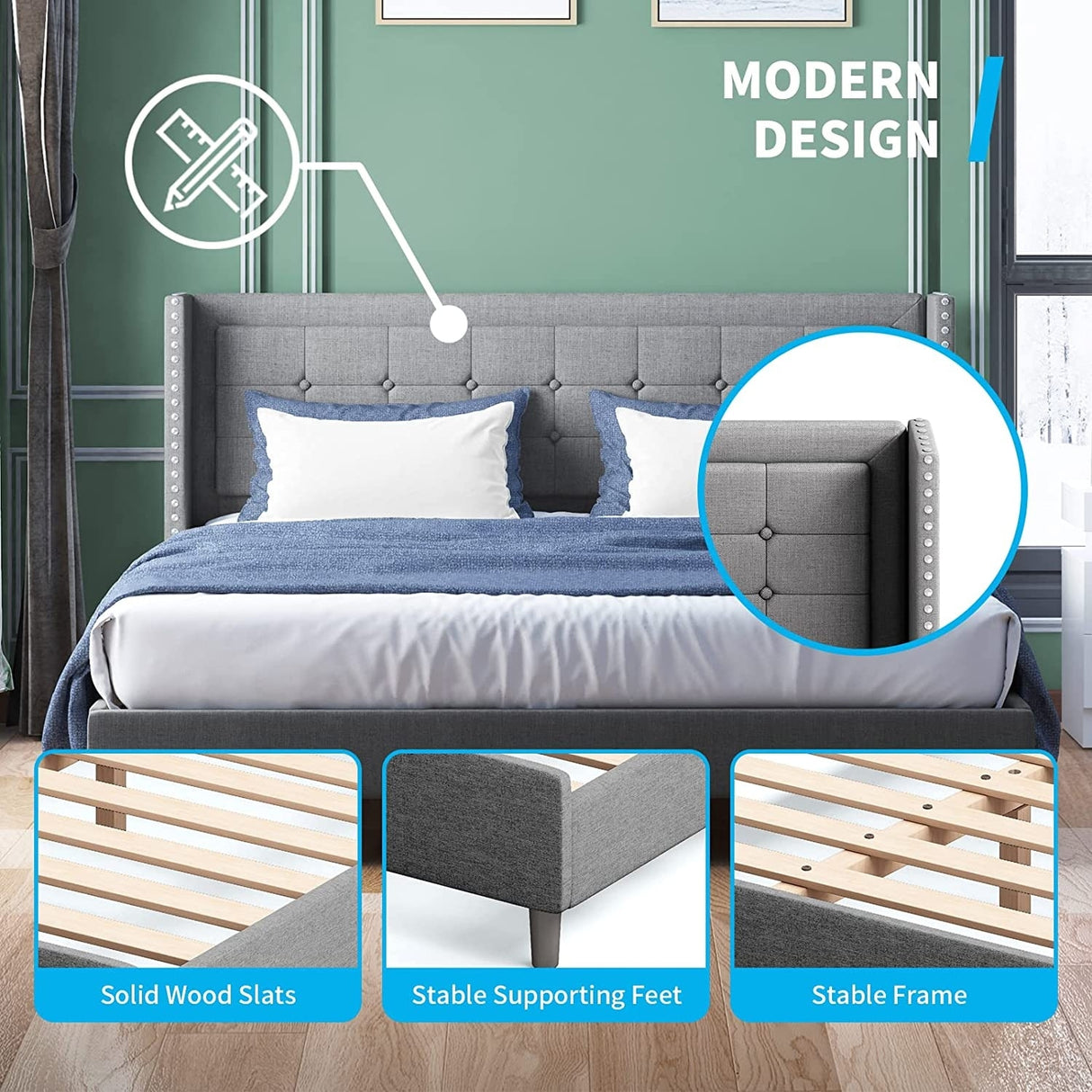 Mixoy Thin Velvet Bed Frame with Button Tufted Design Headboard