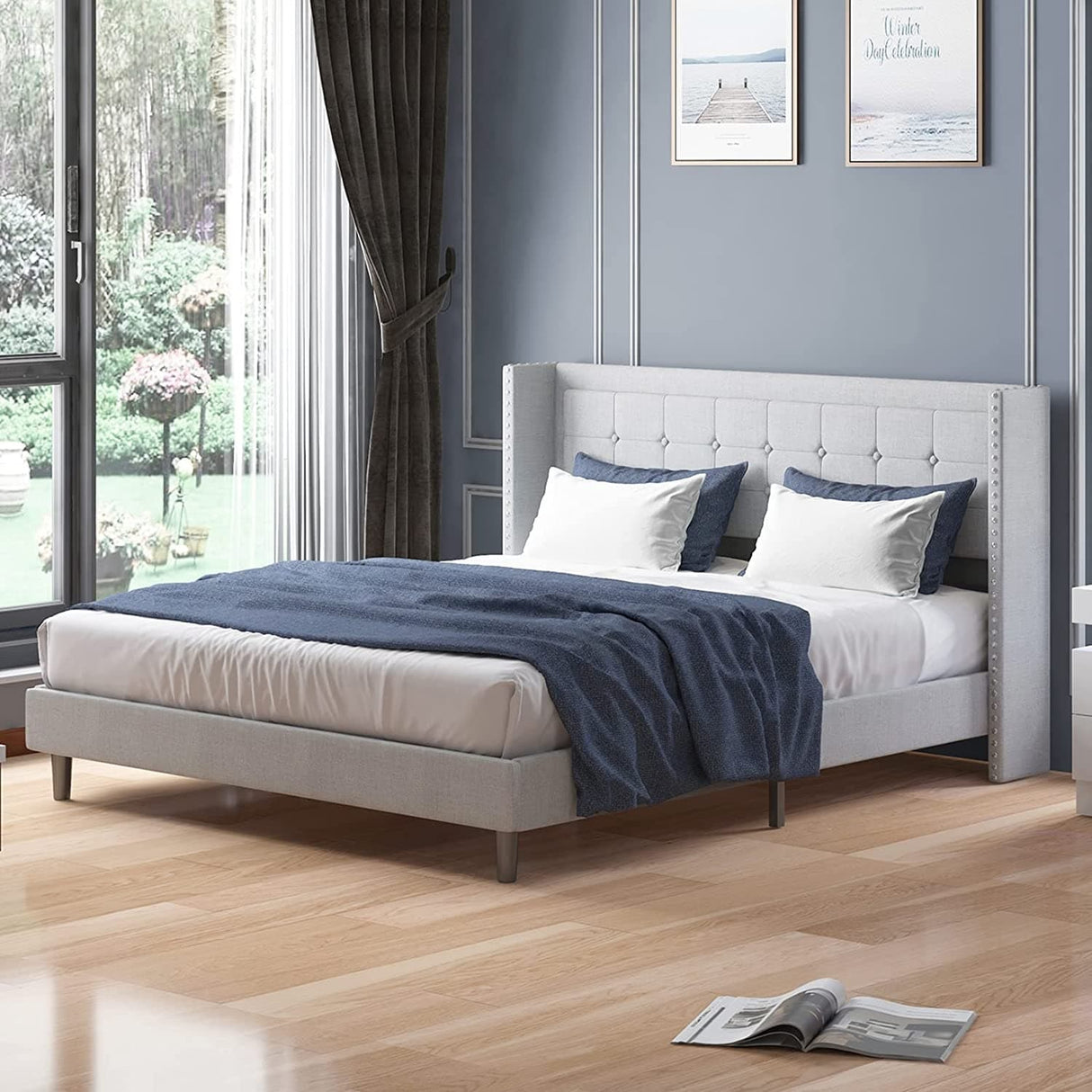 Mixoy Thin Velvet Bed Frame with Button Tufted Design Headboard
