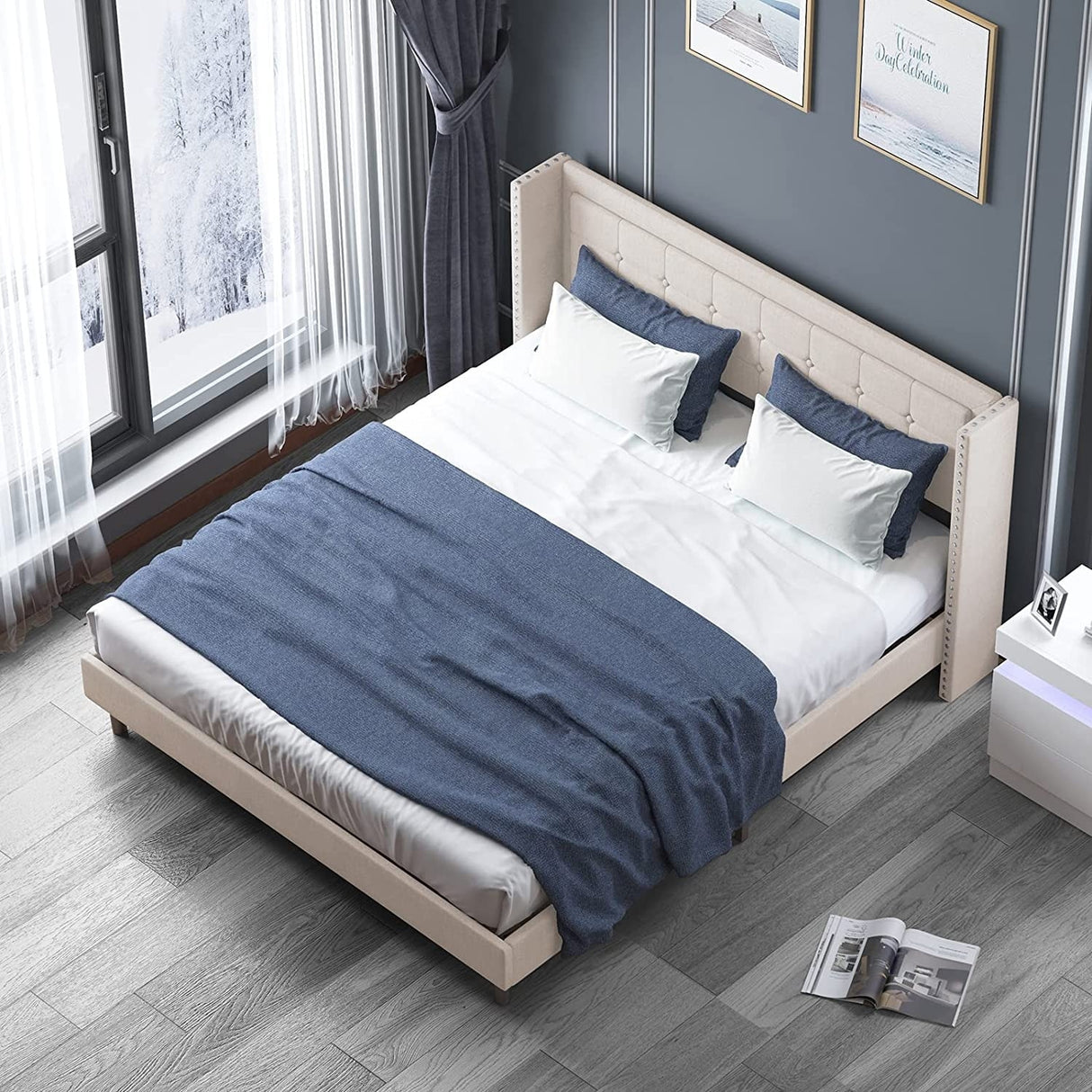 Mixoy Thin Velvet Bed Frame with Button Tufted Design Headboard