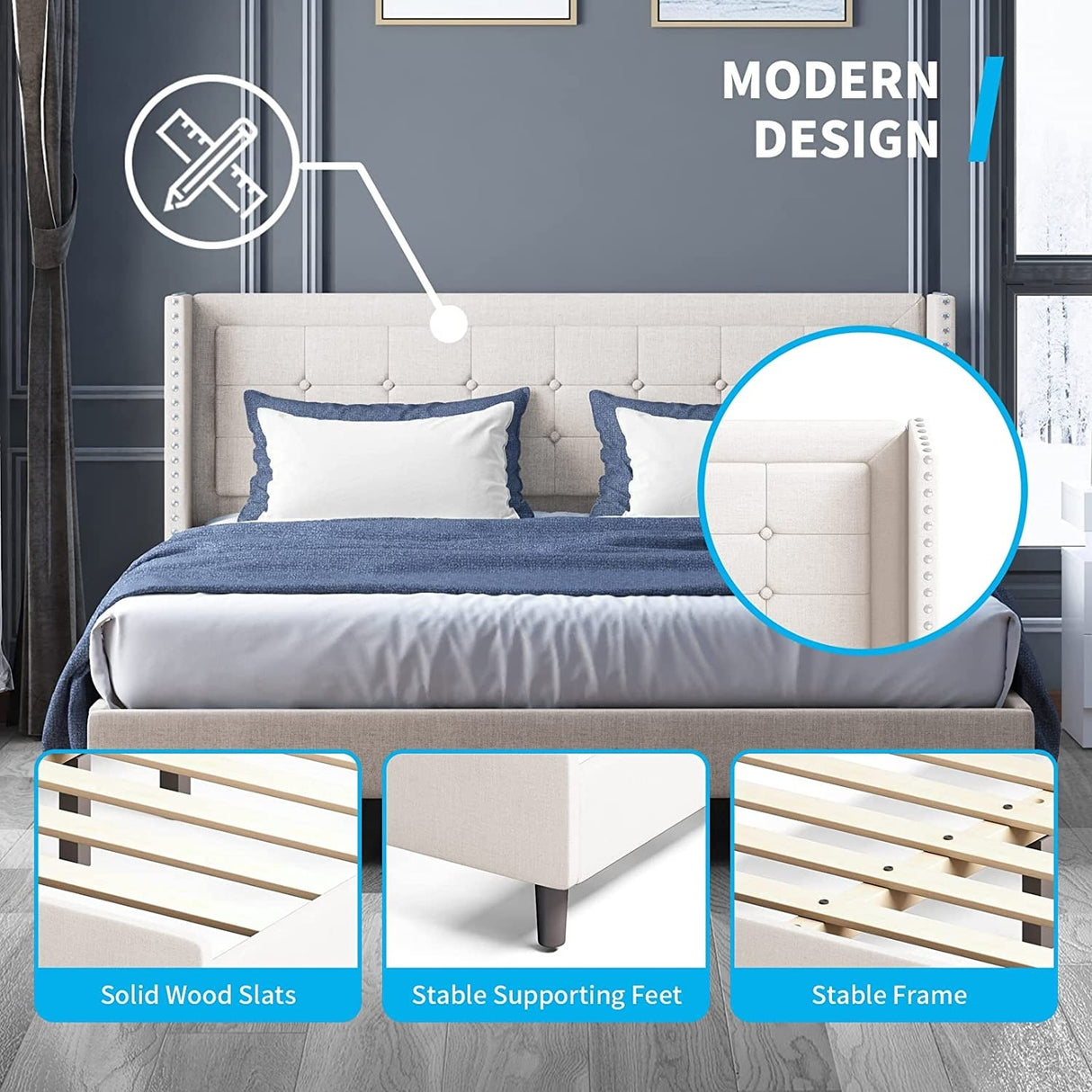 Mixoy Thin Velvet Bed Frame with Button Tufted Design Headboard