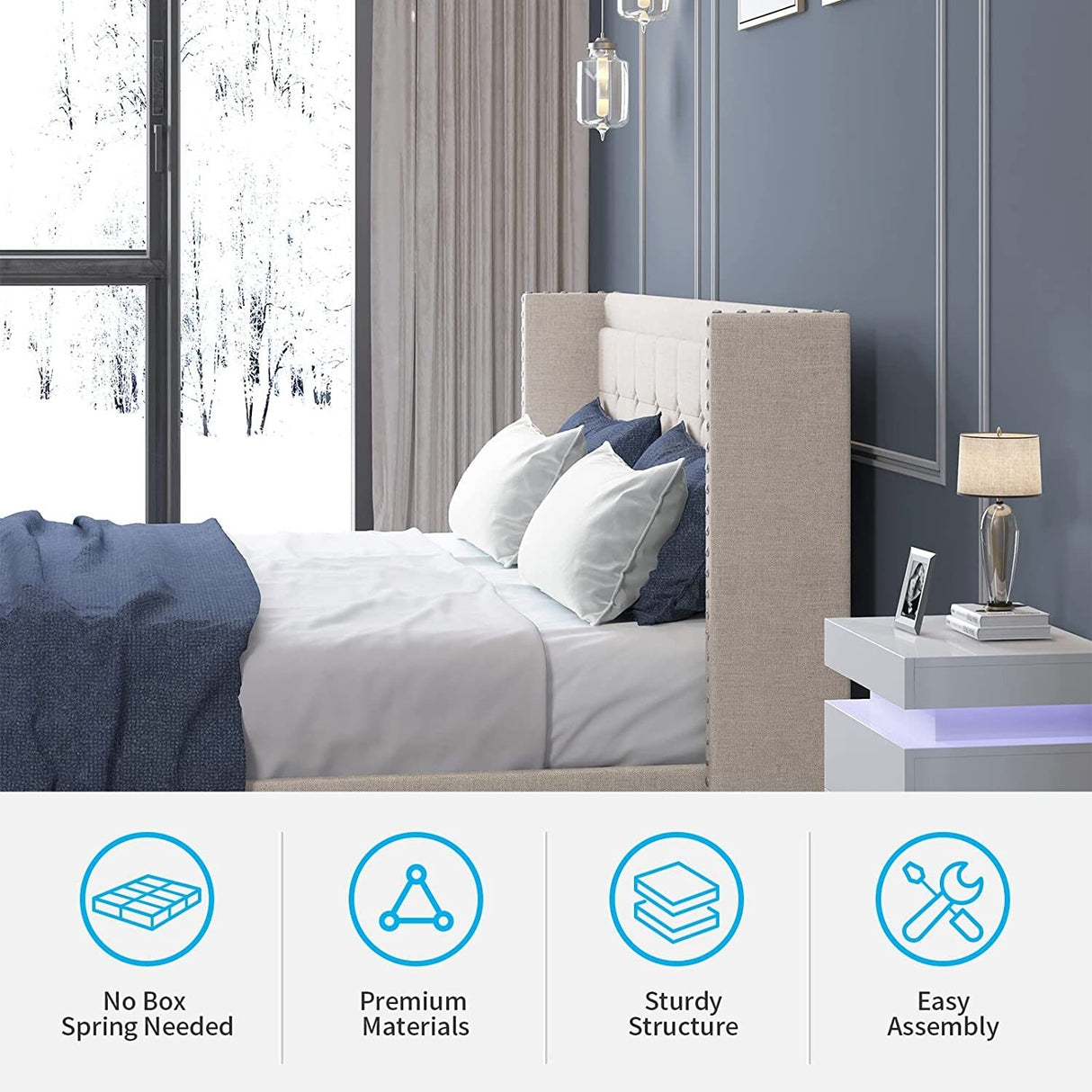 Mixoy Thin Velvet Bed Frame with Button Tufted Design Headboard