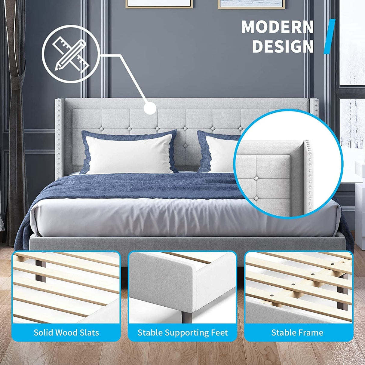 Mixoy Thin Velvet Bed Frame with Button Tufted Design Headboard