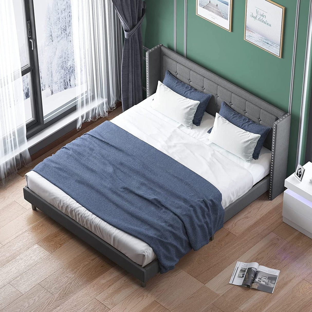 Mixoy Thin Velvet Bed Frame with Button Tufted Design Headboard