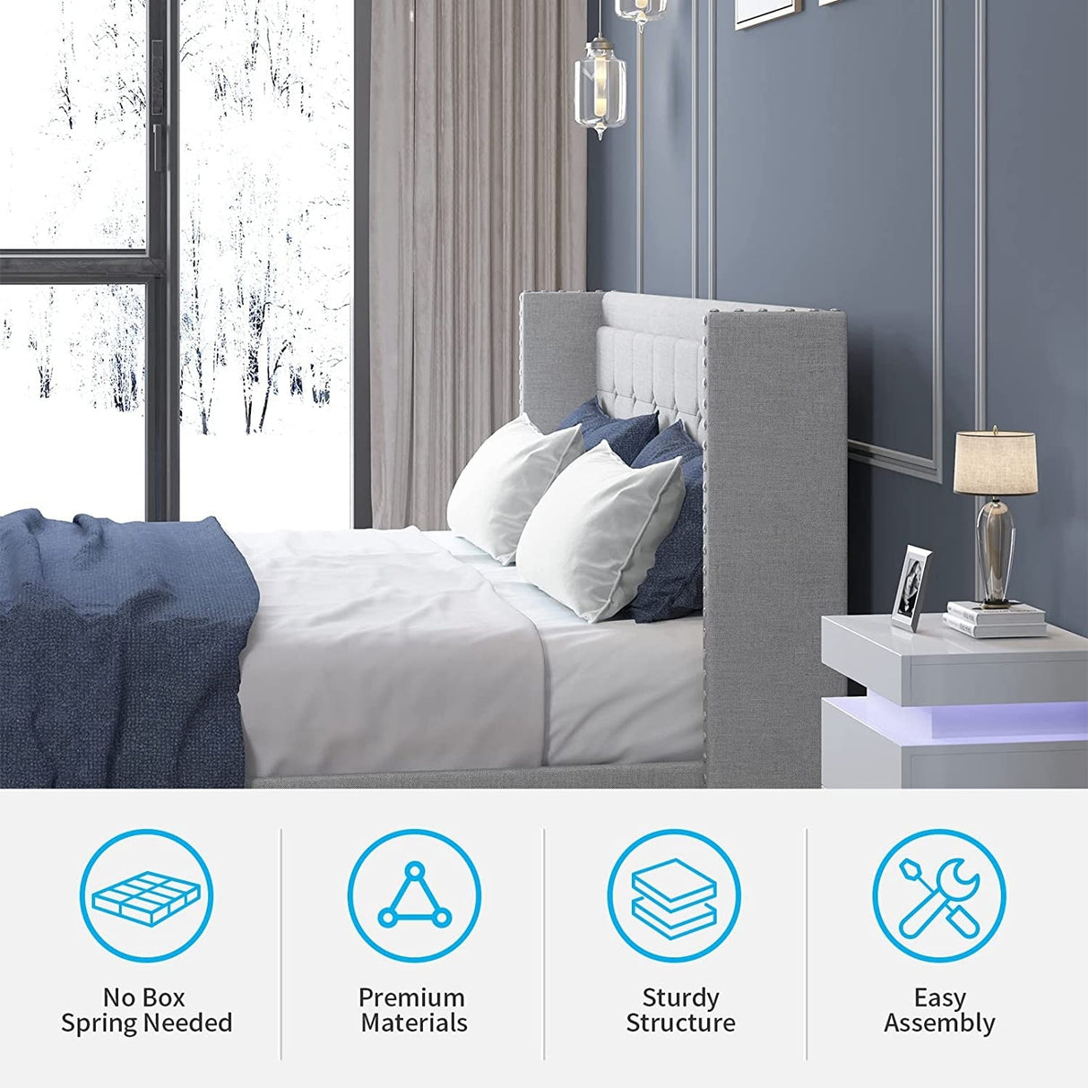 Mixoy Thin Velvet Bed Frame with Button Tufted Design Headboard