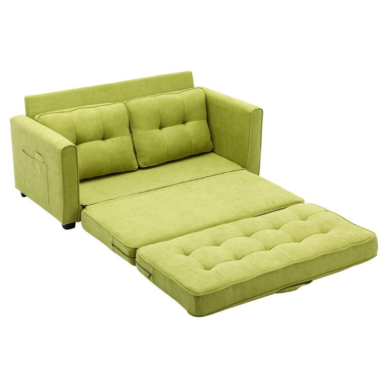 Modern Upholstered Pull-Out Sofa Bed, 59.4" Apartment Green Couch with Side Pocket, for Living Room Bedroom Office